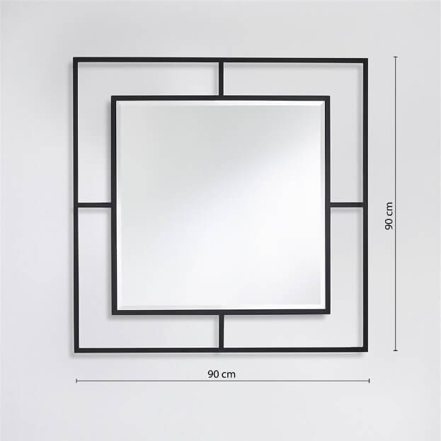 Nico Black spiegel, viekrant, DeKnudt Mirrors, front aanzicht met maten 90 keer 90 centimeter