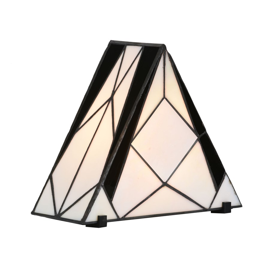 Tiffany klok/tafellamp driehoekig model driekwart aanzicht licht aan achterzijde