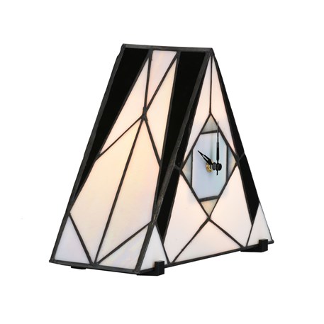 Tiffany klok/tafellamp driehoekig model driekwart aanzicht licht aan klok met wijzers