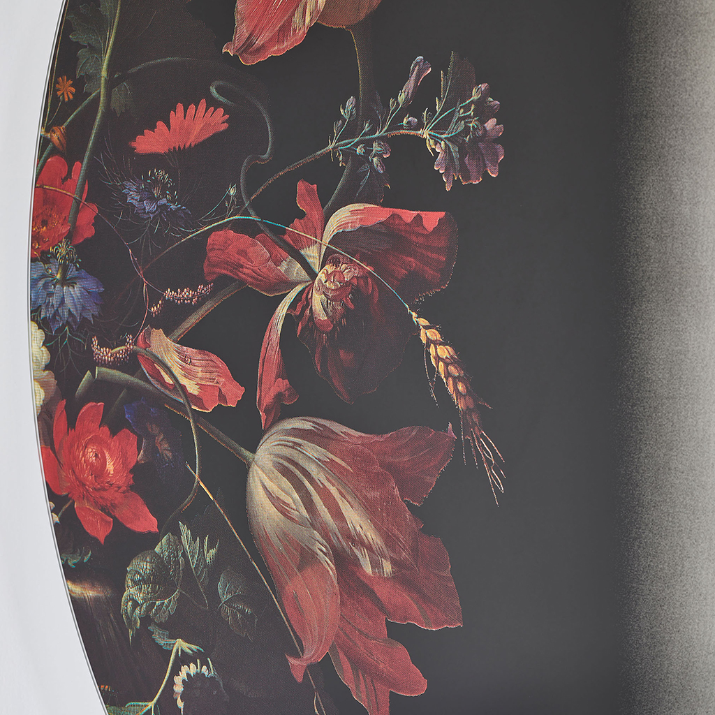 Deknudt design spiegel MUSEO detail met bloemenprint close up